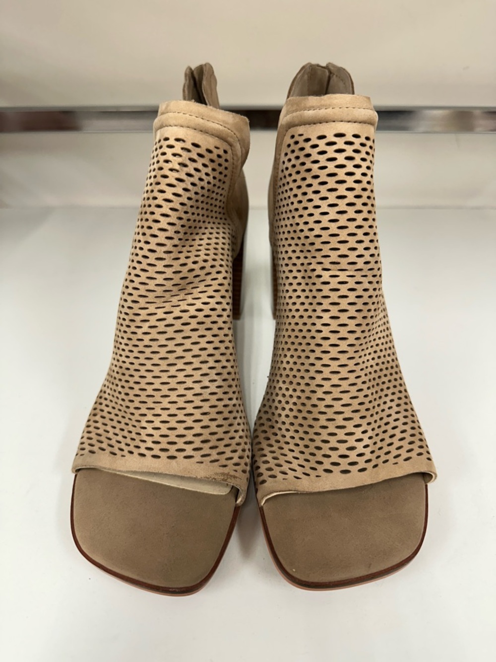 Vince Camuto Taupe Perforated Open-Toe Ankle Booties